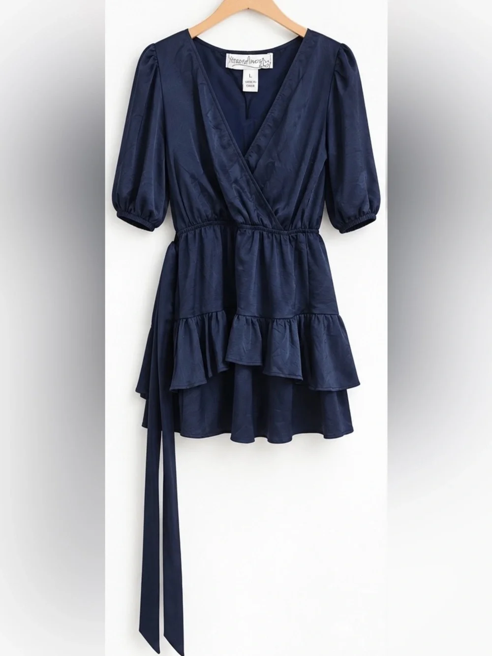 Xtraordinary Navy Faux Wrap Tiered Mini Dress Puff Sleeve Size L
